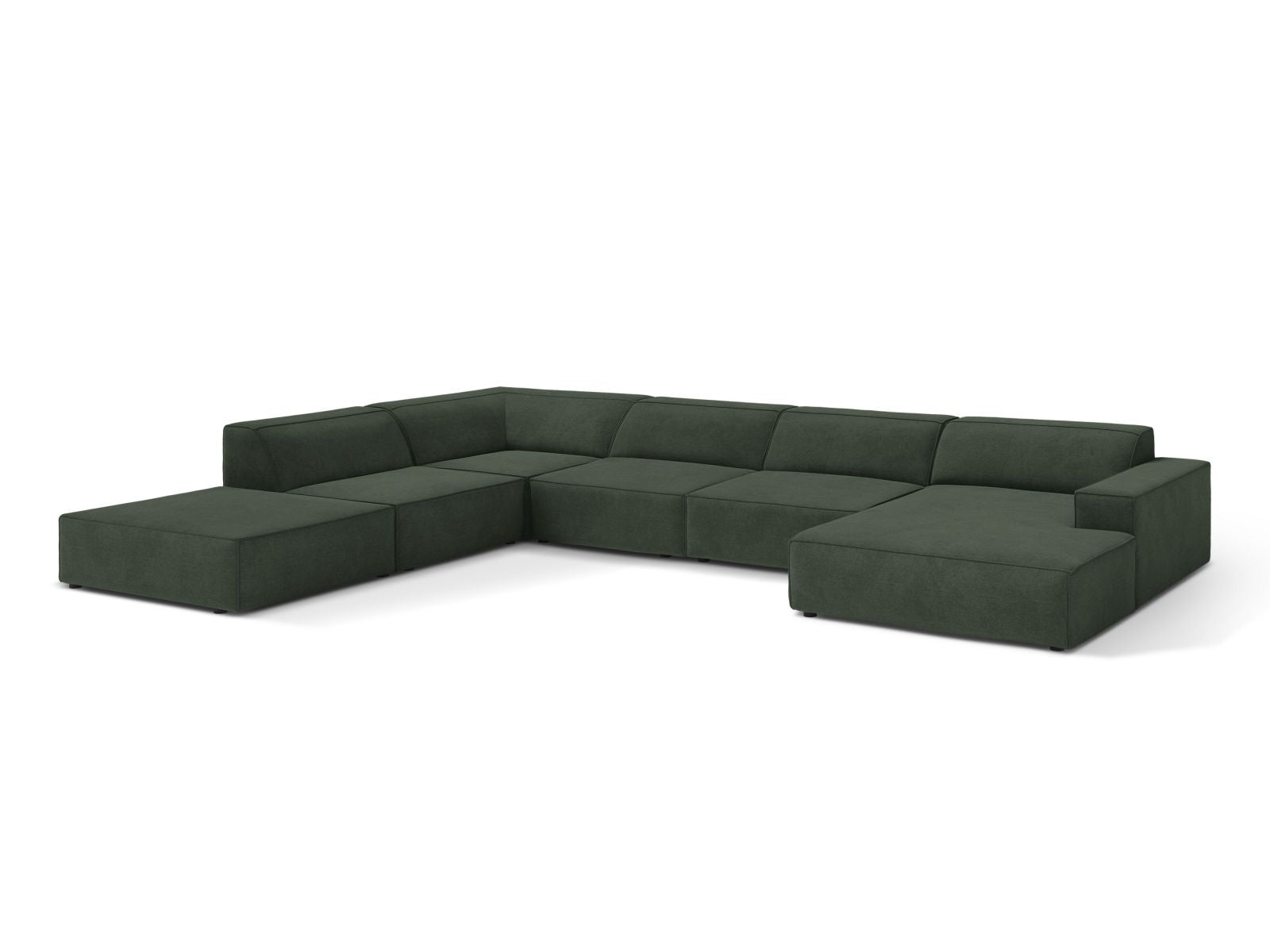Elegantes 7-Sitzer Ecksofa Jodie in Moss Green-Liberty, ideal für stilvolle Wohnräume, präsentiert in einer modernen Umgebung.