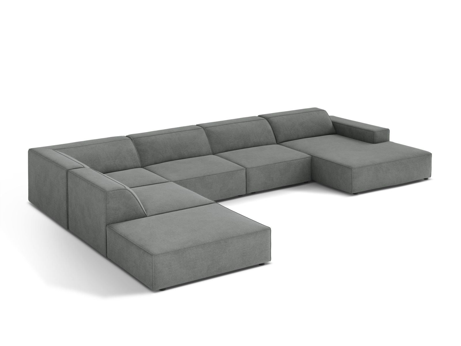 Modulares 7-Sitzer Ecksofa Jodie in stilvollem Grau, ideal für moderne Wohnräume, bietet großzügigen Sitzkomfort und ansprechendes Design.