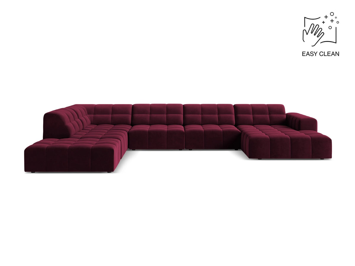 Ecksofa links Jennifer von Micadoni in leichtem Beige mit Bluvel-Stoff, schwarzen Kunststoffbeinen und breiter Sitzfläche.