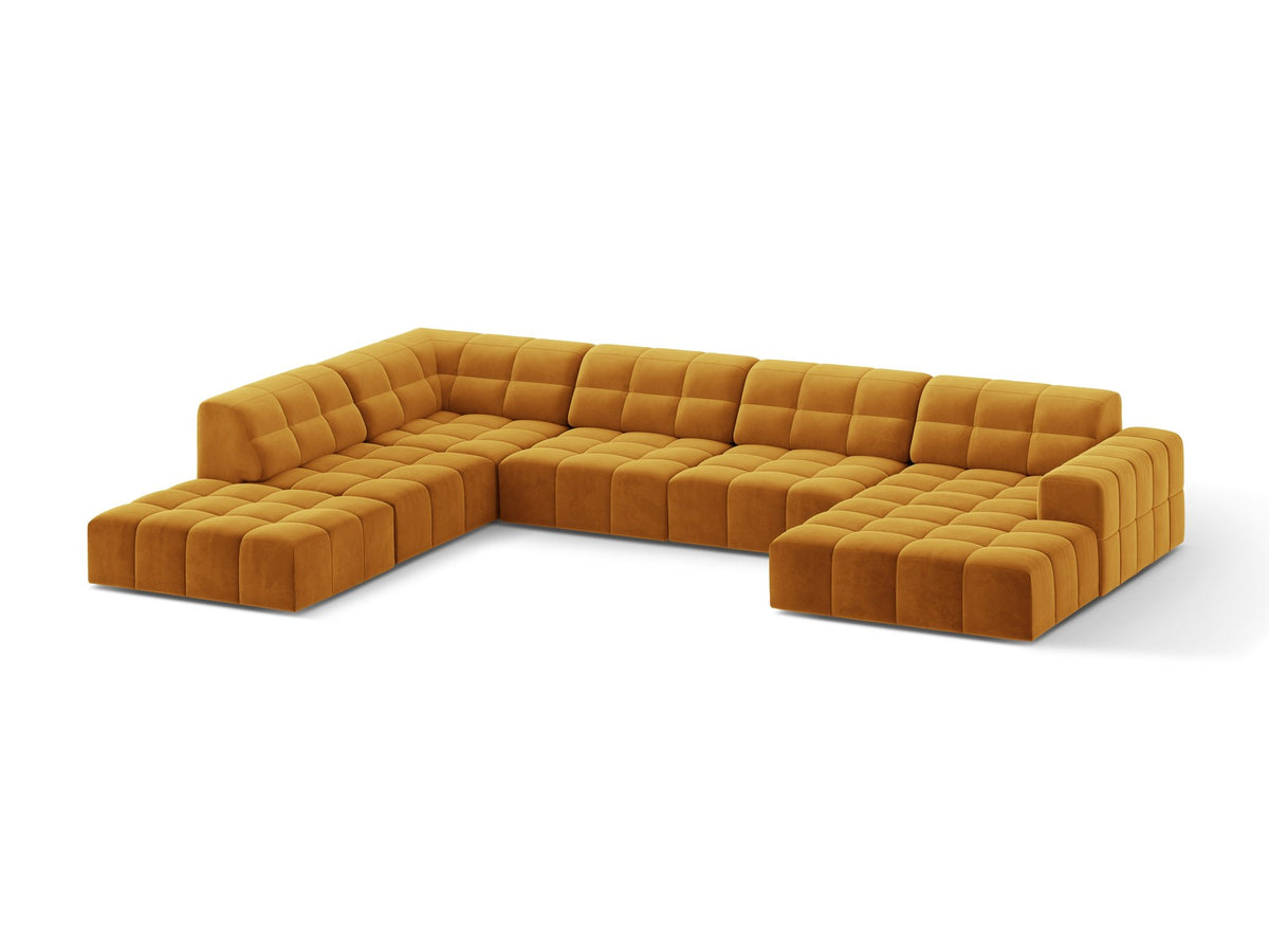 Ecksofa links Jennifer von Micadoni in leichtem Beige mit Bluvel-Stoff, schwarzen Kunststoffbeinen und breiter Sitzfläche.