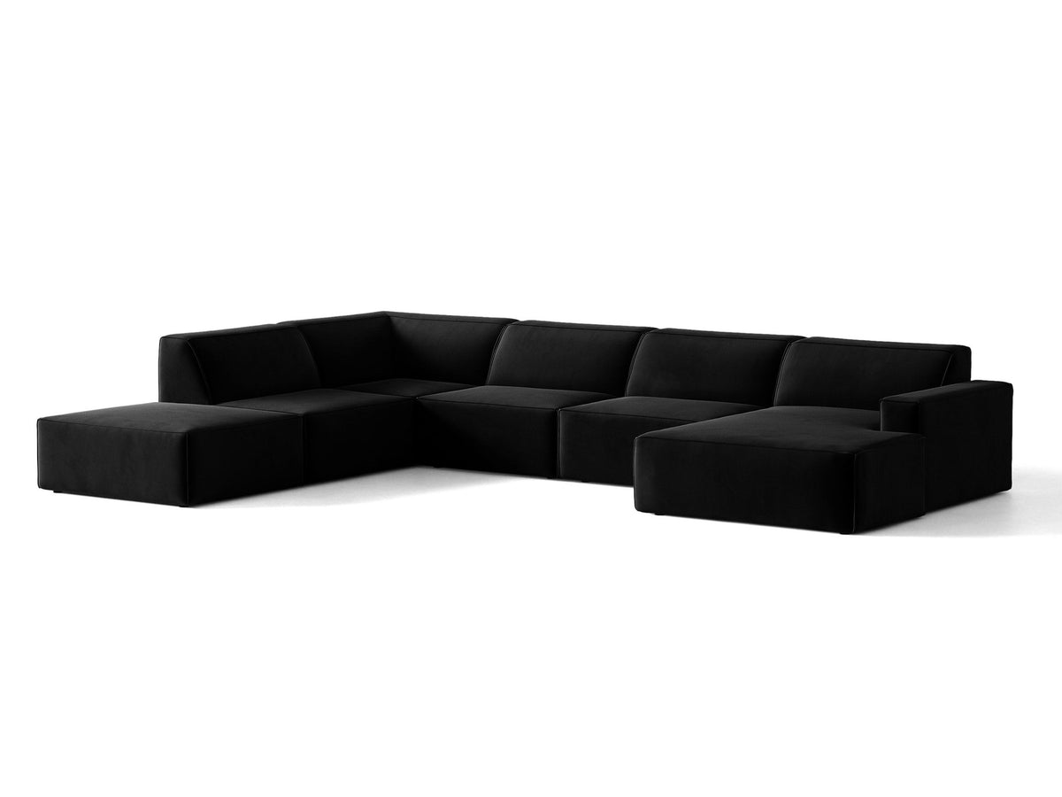 Modulares Ecksofa links Jodie von Micadoni in leichtem Beige mit Venus-Samtstoff, schwarzen Kunststoffbeinen und Panoramaform.