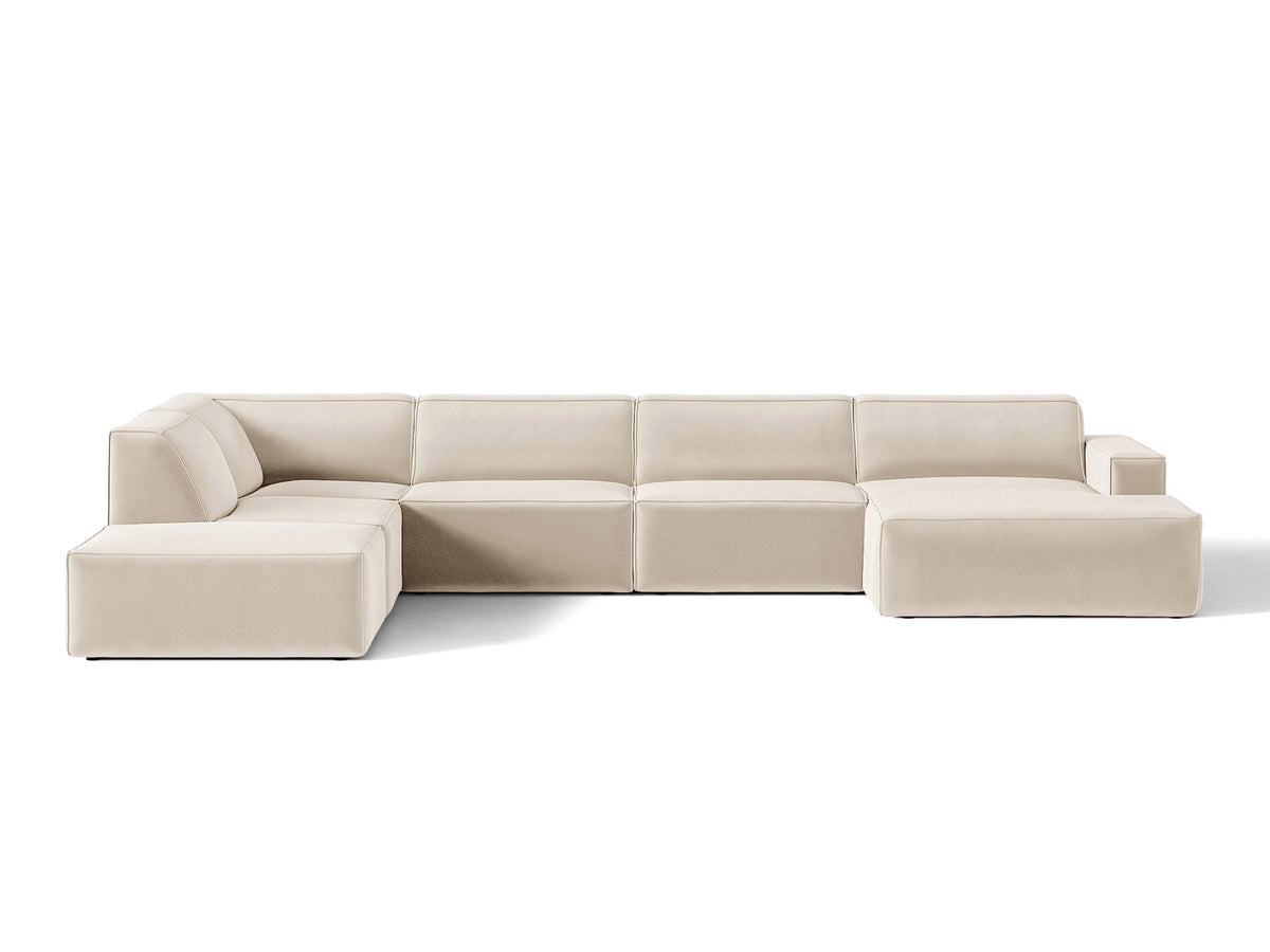 Modulares Ecksofa links Jodie von Micadoni in leichtem Beige mit Venus-Samtstoff, schwarzen Kunststoffbeinen und Panoramaform.