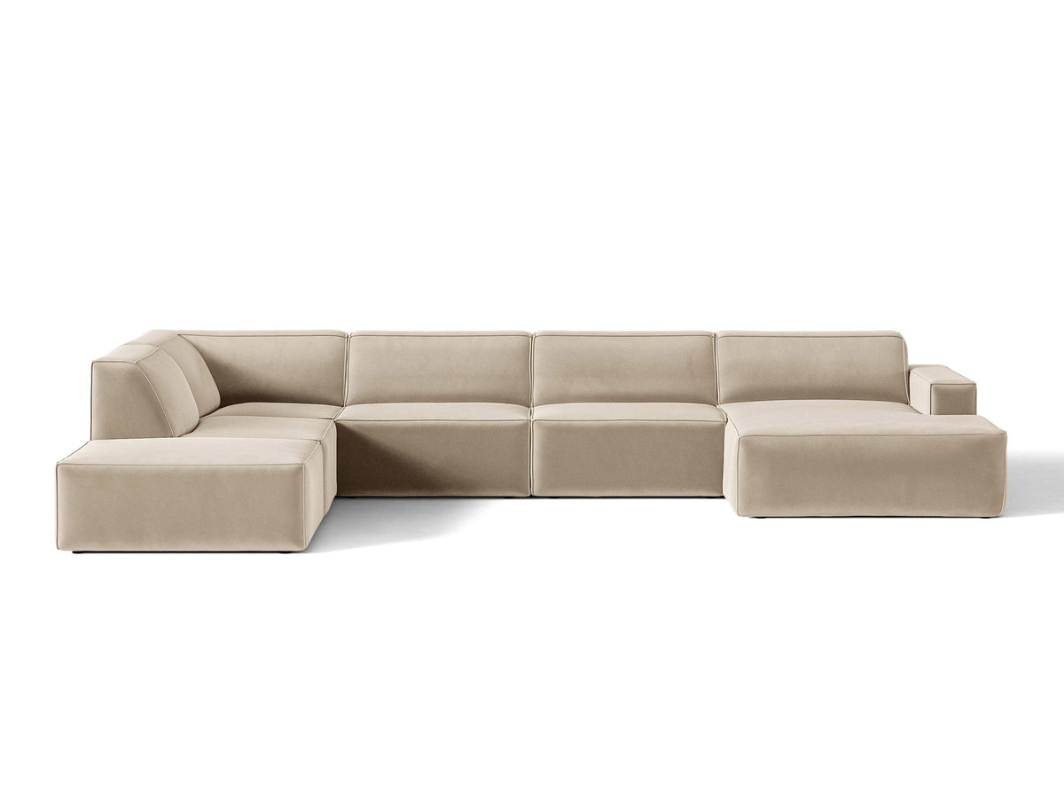 Modulares Ecksofa links Jodie von Micadoni in leichtem Beige mit Venus-Samtstoff, schwarzen Kunststoffbeinen und Panoramaform.