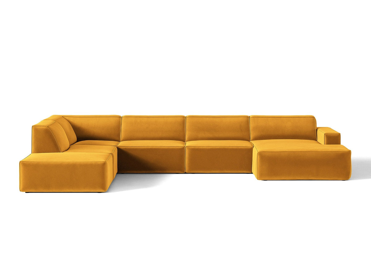 Modulares Ecksofa links Jodie von Micadoni in leichtem Beige mit Venus-Samtstoff, schwarzen Kunststoffbeinen und Panoramaform.