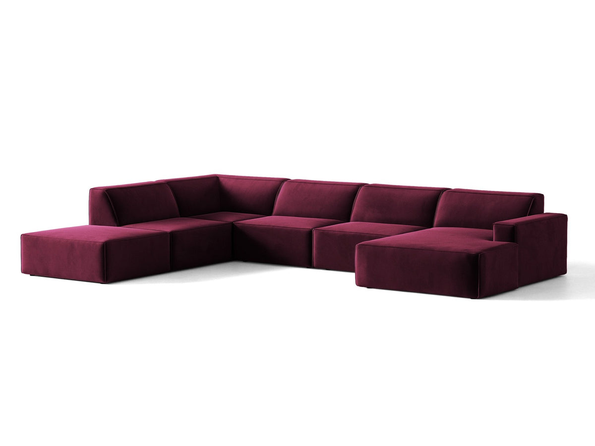 Modulares Ecksofa links Jodie von Micadoni in leichtem Beige mit Venus-Samtstoff, schwarzen Kunststoffbeinen und Panoramaform.