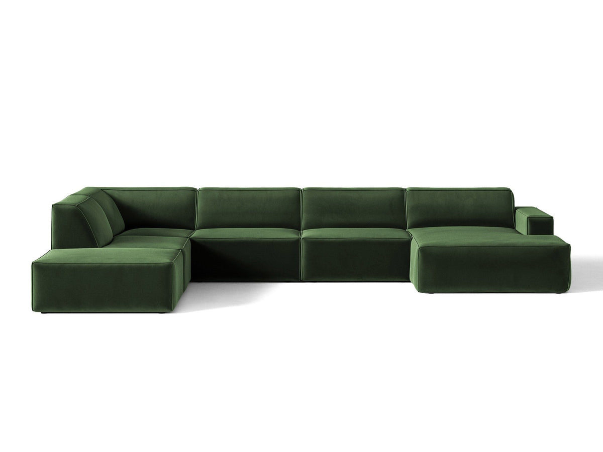 Modulares Ecksofa links Jodie von Micadoni in leichtem Beige mit Venus-Samtstoff, schwarzen Kunststoffbeinen und Panoramaform.