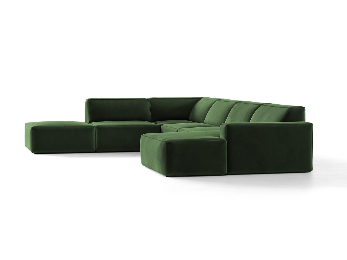 Modulares Ecksofa links Jodie von Micadoni in leichtem Beige mit Venus-Samtstoff, schwarzen Kunststoffbeinen und Panoramaform.