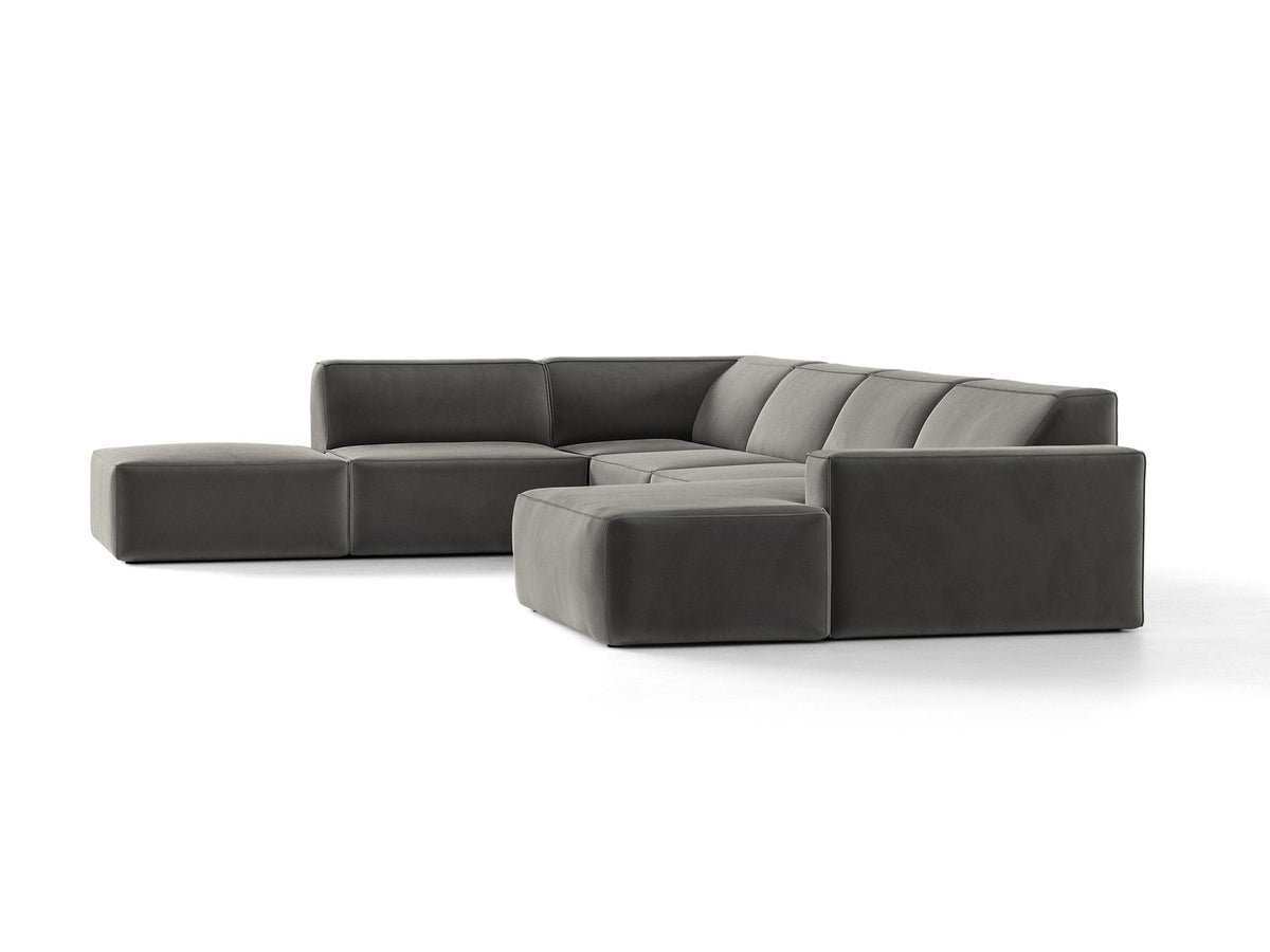 Modulares Ecksofa links Jodie von Micadoni in leichtem Beige mit Venus-Samtstoff, schwarzen Kunststoffbeinen und Panoramaform.