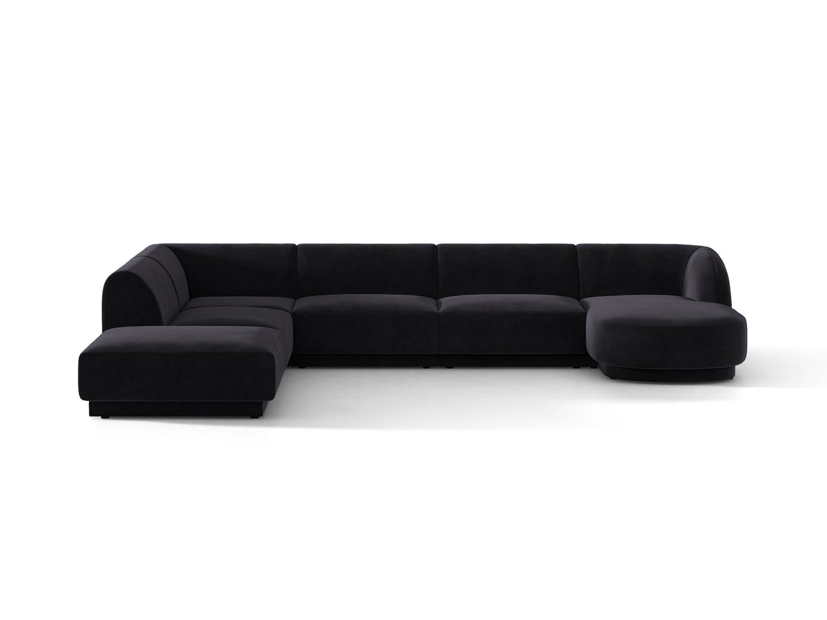 Miley Panoramasofa von Micadoni, Ecksofa links in Dunkelbeige mit Bluvel-Stoffbezug, schwarzen Kunststofffüssen und niedriger Rückenlehne.
