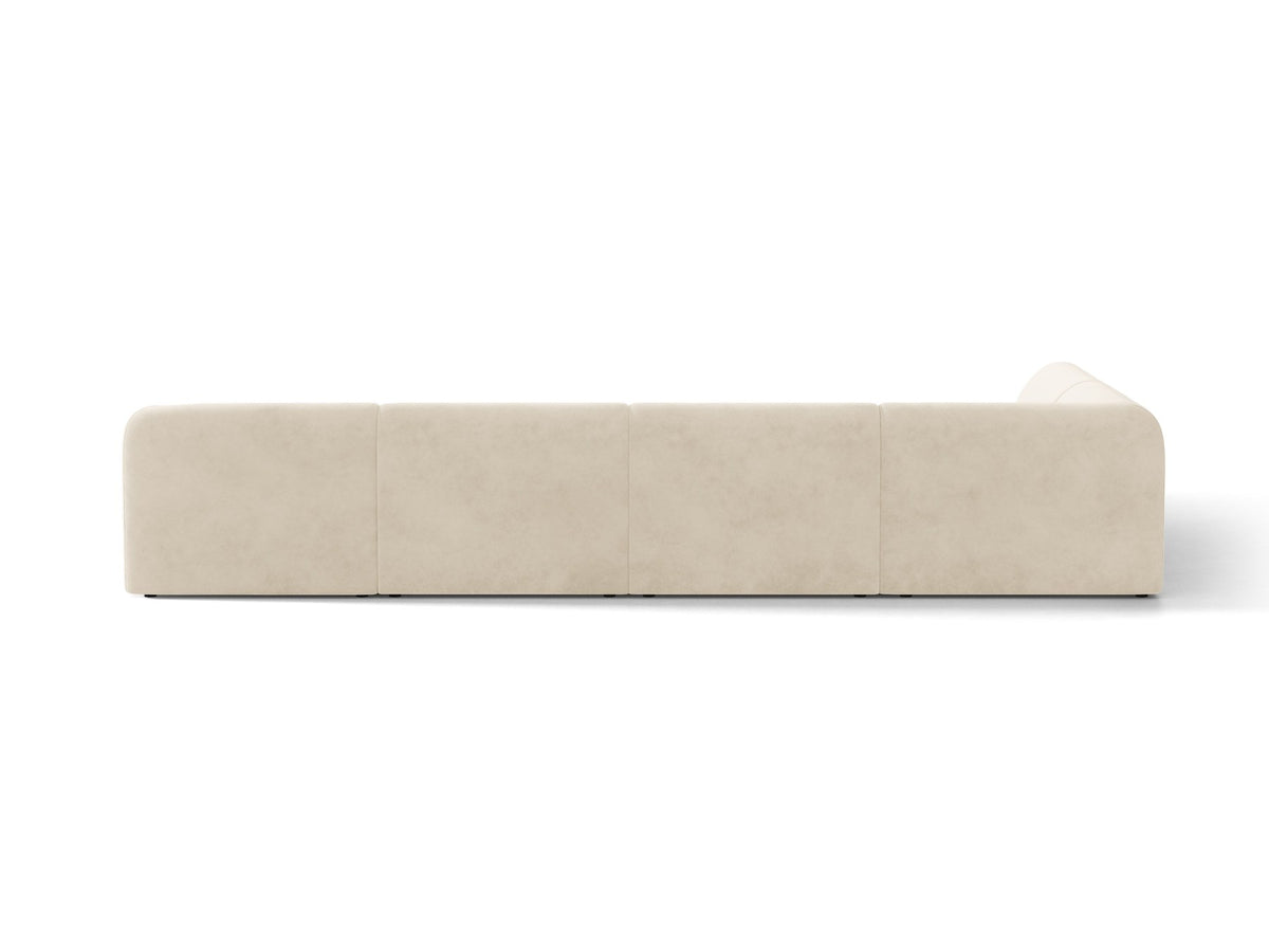 Miley Panoramasofa von Micadoni, Ecksofa links in Dunkelbeige mit Bluvel-Stoffbezug, schwarzen Kunststofffüssen und niedriger Rückenlehne.