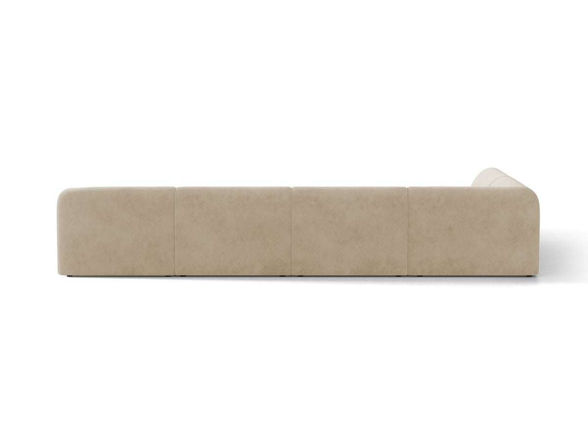 Miley Panoramasofa von Micadoni, Ecksofa links in Dunkelbeige mit Bluvel-Stoffbezug, schwarzen Kunststofffüssen und niedriger Rückenlehne.