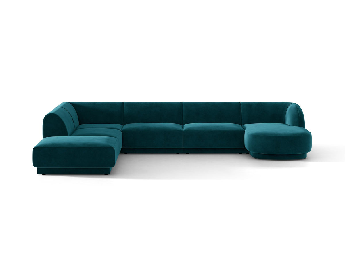 Miley Panoramasofa von Micadoni, Ecksofa links in Dunkelbeige mit Bluvel-Stoffbezug, schwarzen Kunststofffüssen und niedriger Rückenlehne.