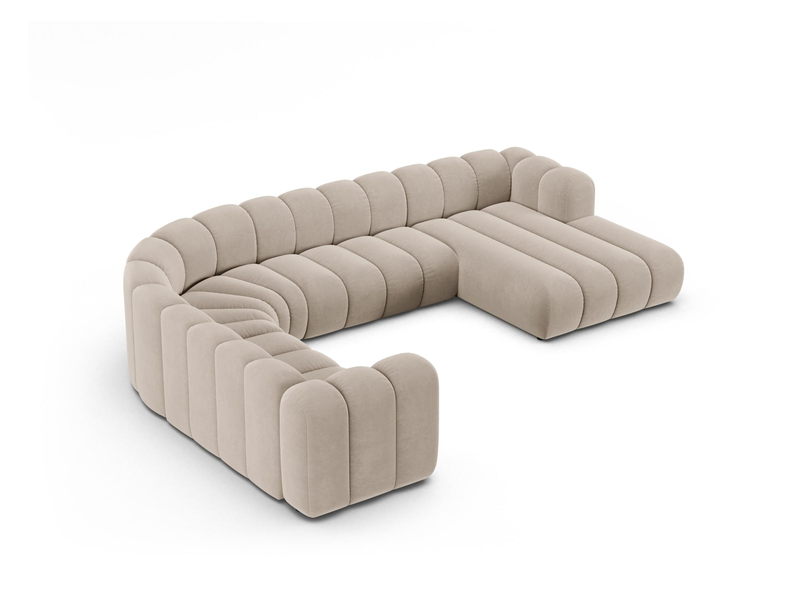 Beige Velour Ecksofa von Micadoni, linksseitig, modular und panoramisch, ideal für 6 Personen, vereint Komfort und elegantes Design.