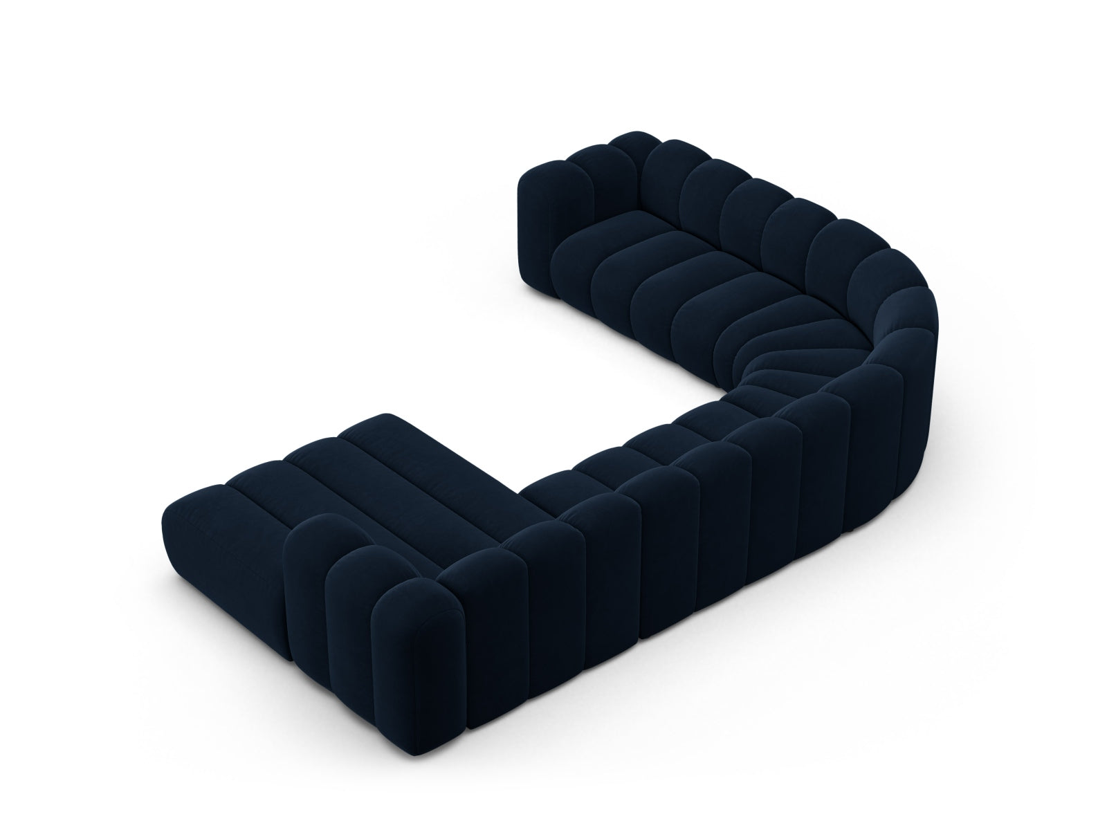 Elegantes, modulares Ecksofa in Royal Blue aus hochwertigem Velour, ideal für 6 Personen und perfekt für stilvolle Wohnräume.