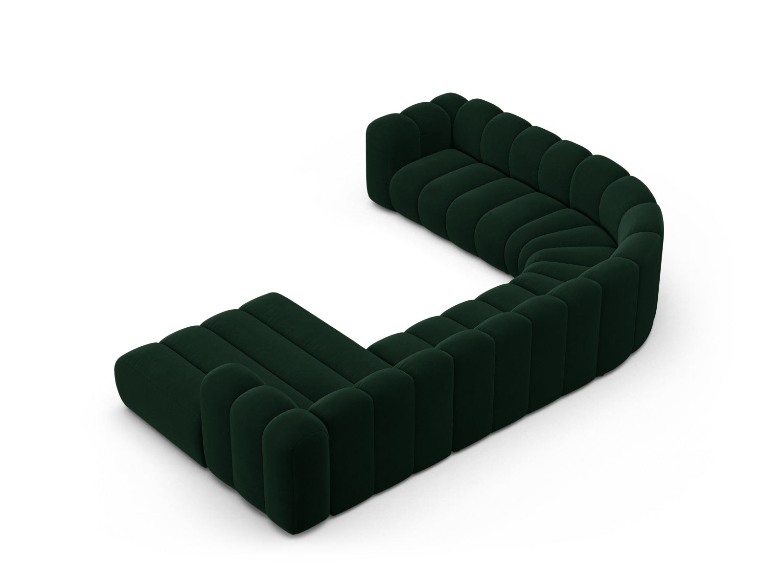 Elegantes, linksseitiges Ecksofa Lupine aus Velours für 6 Personen in sattem Flaschengrün, ideal für stilvolle Wohnräume.