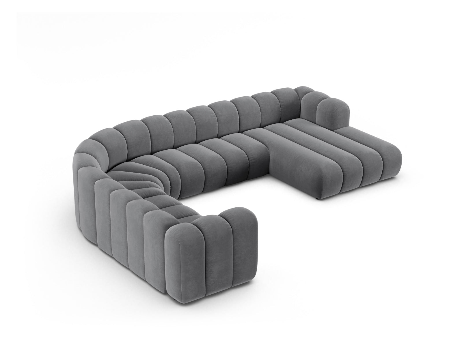 Luxuriöses Lupine Velour Ecksofa links für 6 Personen in edlem Grau, perfekt für gesellige Runden und stilvolle Einrichtung.