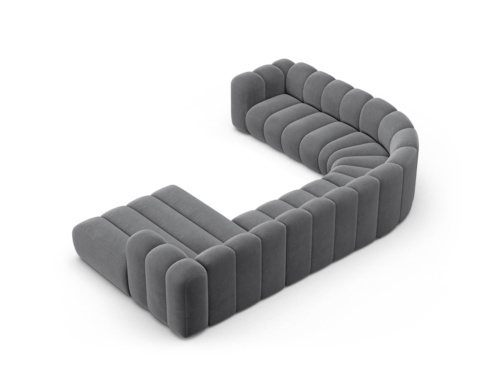 Elegantes Lupine Velour Ecksofa links für 6 Personen in modernem Design, ideal für gemütliche Abende und stilvolle Wohnräume.