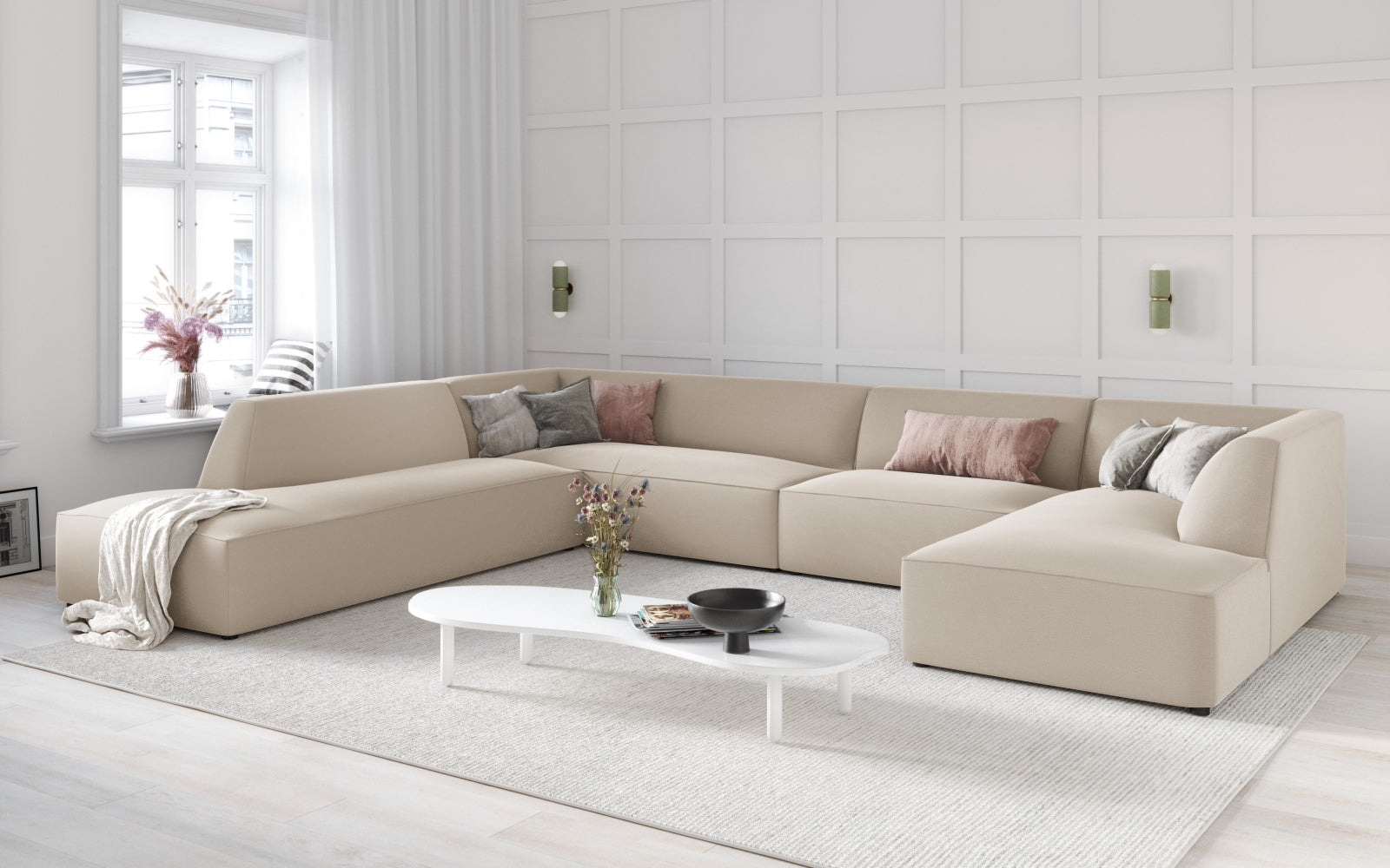 Ruby Velour Panoramic Ecksofa links 7 Sitzer in Beige präsentiert im Onlineshop von KAQTU Design AG. Ecksofa links ist von Micadoni
