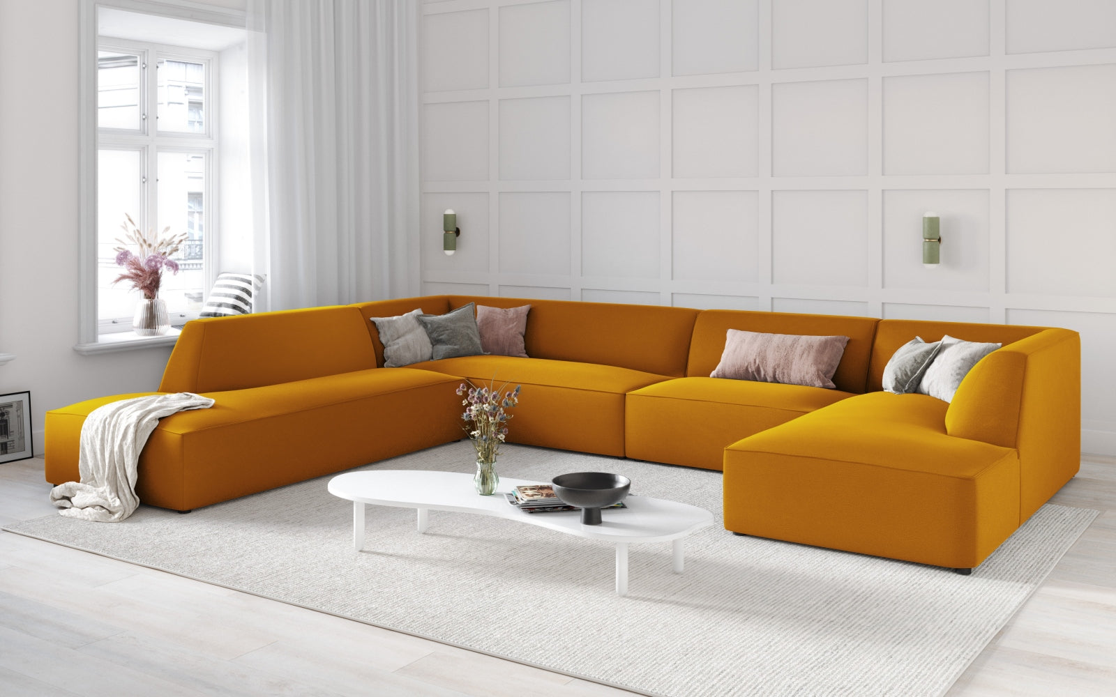 Elegantes Ruby Velour Panoramic Ecksofa links in stilvollem Design, ideal für moderne Wohnräume und gemütliche Abende.