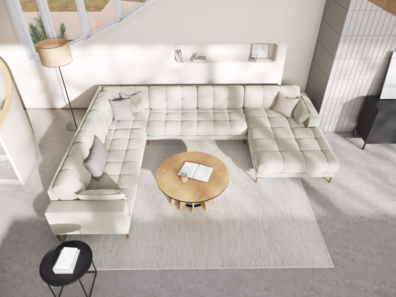 Mamaia Velour Panoramic Ecksofa links 7 Sitzer in Light Beige/Gold präsentiert im Onlineshop von KAQTU Design AG. Ecksofa links ist von Micadoni