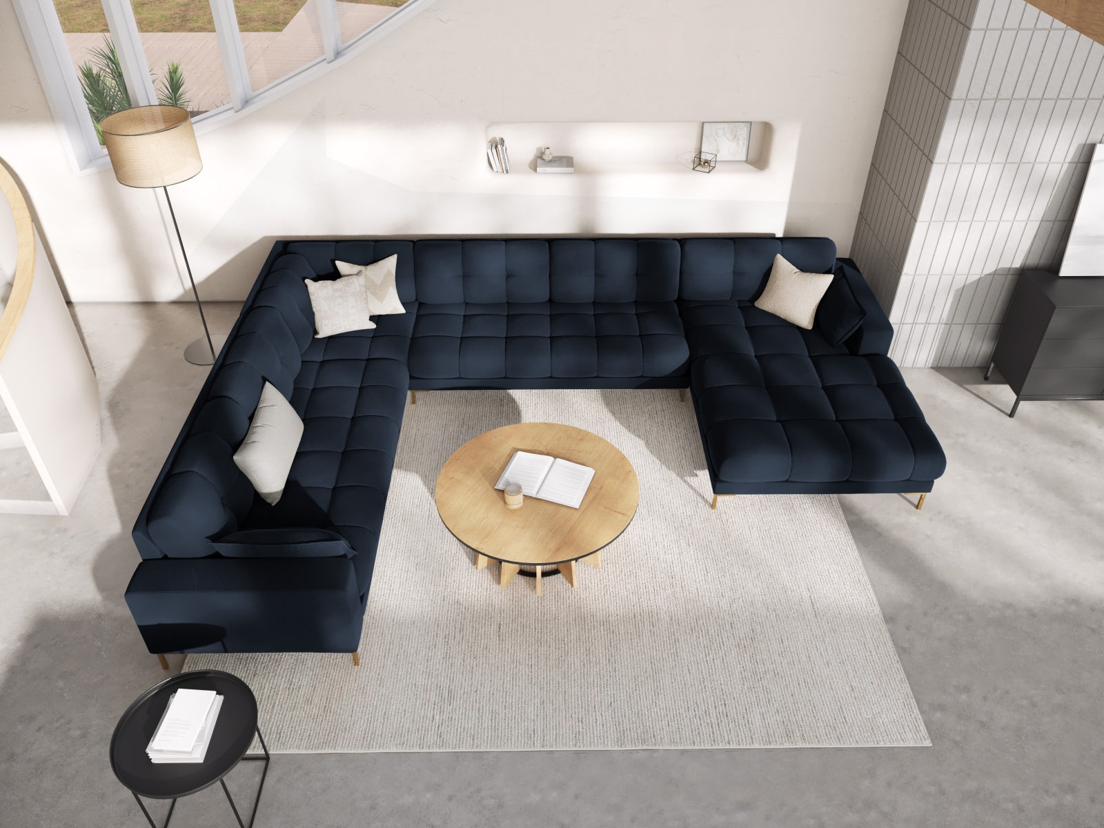 Mamaia Velour Panoramic Ecksofa links 7 Sitzer in Dark Blue/Gold präsentiert im Onlineshop von KAQTU Design AG. Ecksofa links ist von Micadoni