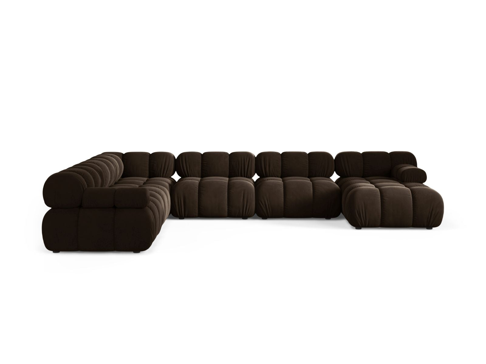 Elegantes 8-Sitzer Ecksofa Panoramic links Bellis in Dunkelbraun-Bluvel, ideal für stilvolle Wohnräume und gesellige Abende.
