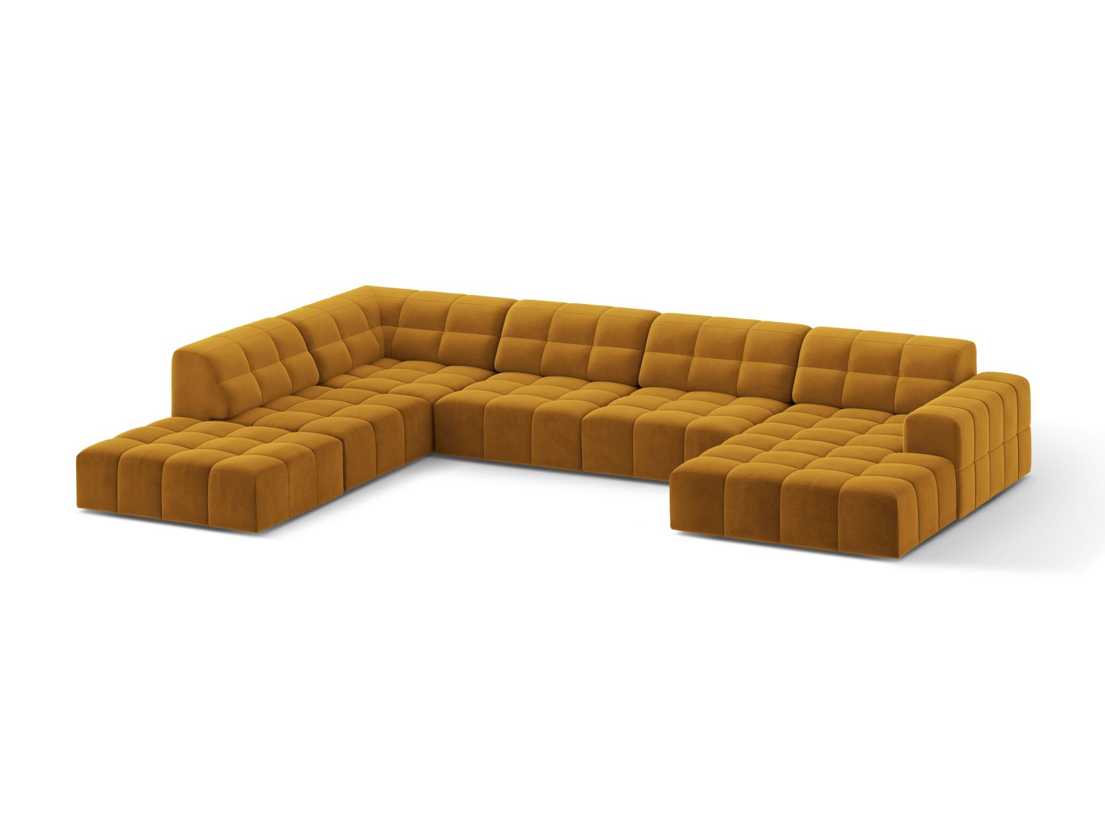 Stylisches 7-Sitzer Ecksofa links Jennifer in Yellow-Bluvel, ideal für moderne Wohnräume, präsentiert von Micadoni.