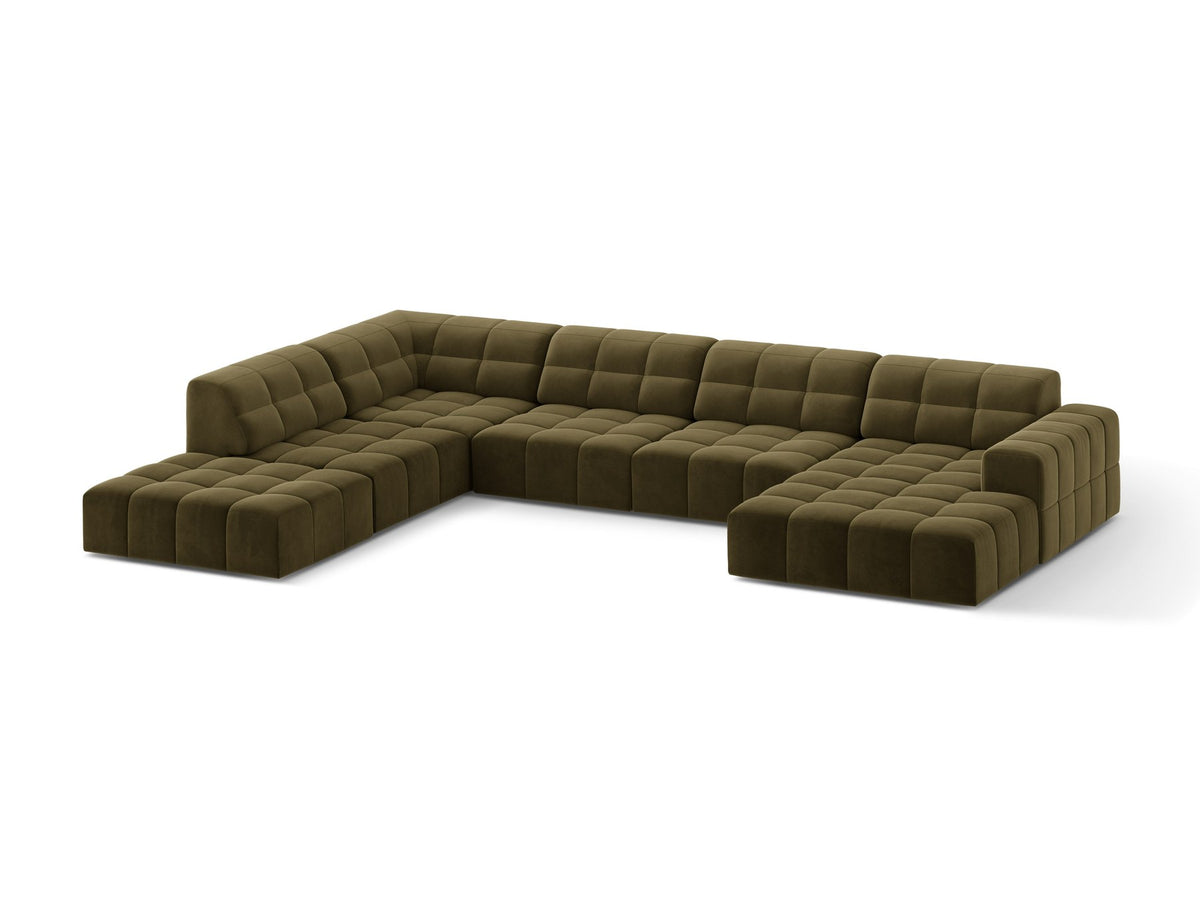 Ecksofa links Jennifer von Micadoni in leichtem Beige mit Bluvel-Stoff, schwarzen Kunststoffbeinen und breiter Sitzfläche.