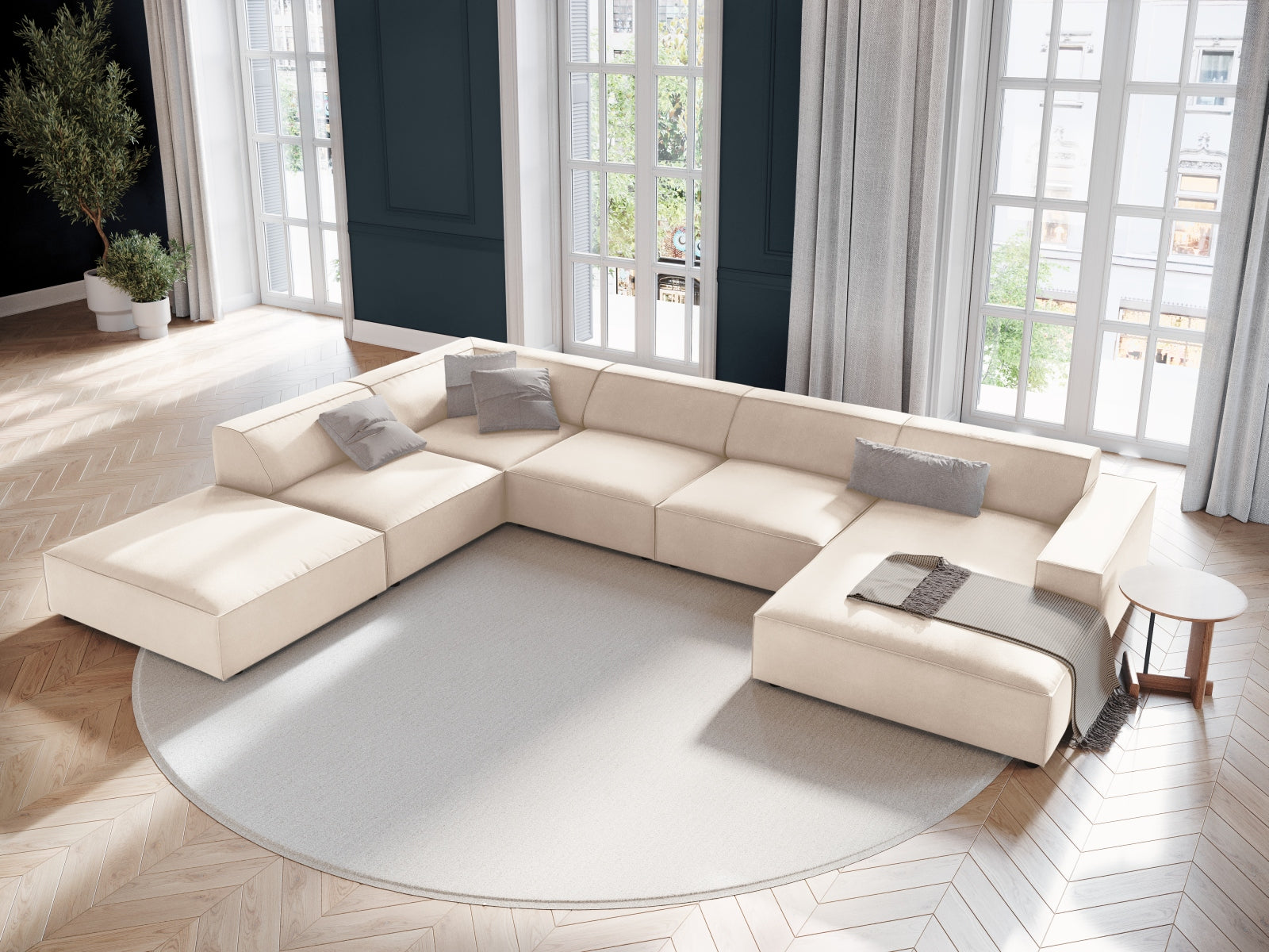 Jodie Velour modulares Panoramic Ecksofa links 7 Sitzer in Light Beige präsentiert im Onlineshop von KAQTU Design AG. Ecksofa links ist von Micadoni