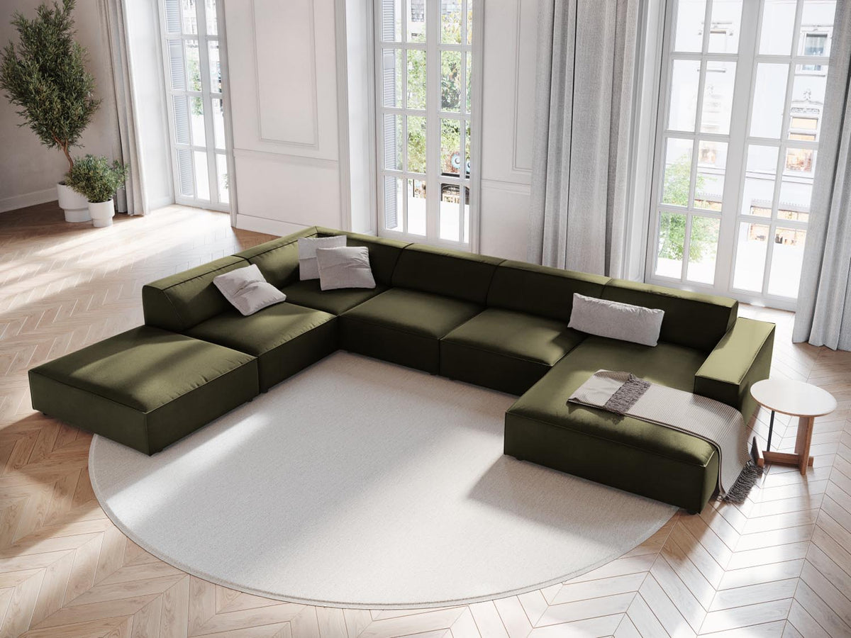 Jodie Velour modulares Panoramic Ecksofa links 7 Sitzer in Green-Bluvel präsentiert im Onlineshop von KAQTU Design AG. L-Sofa links ist von Micadoni