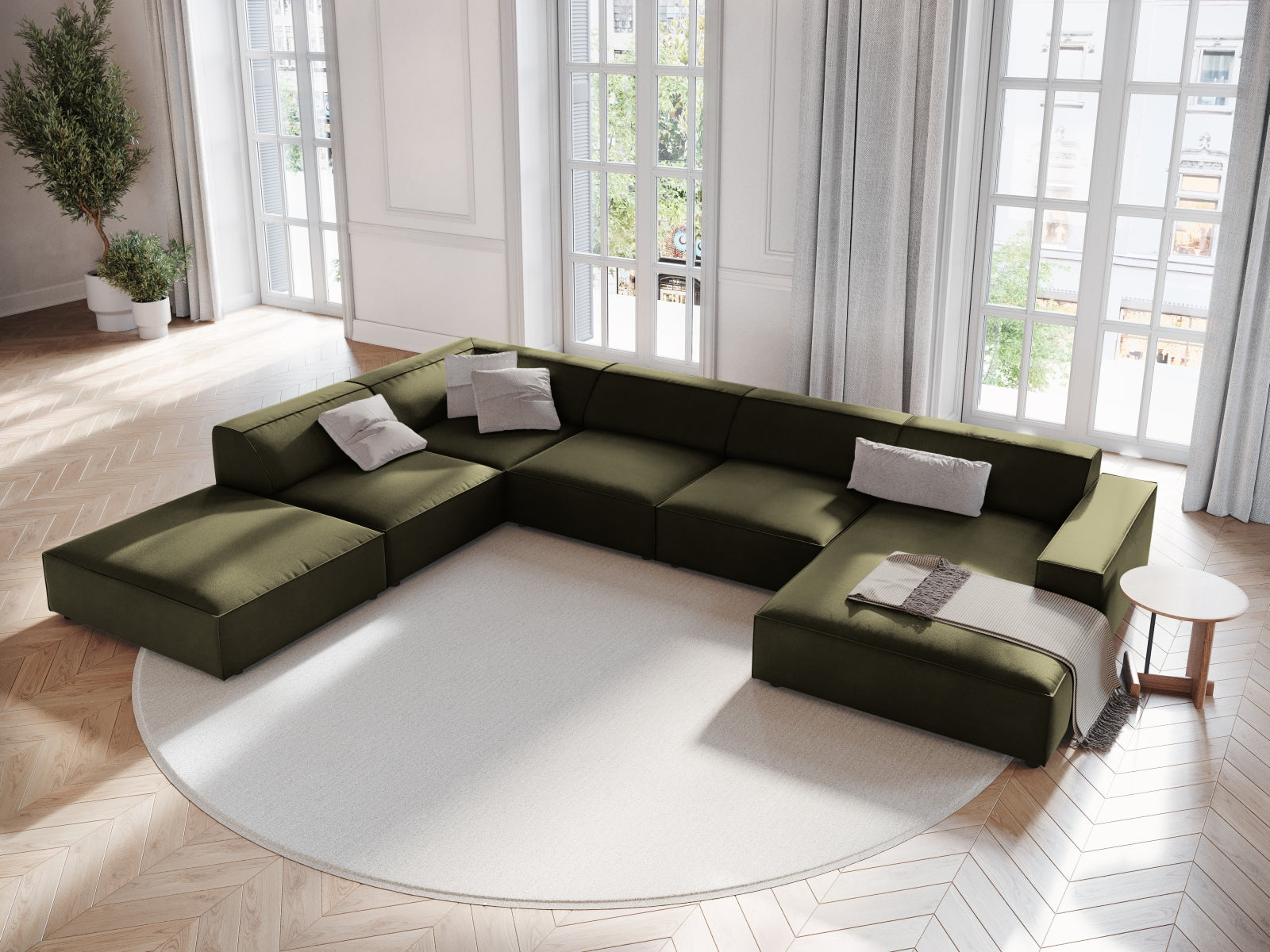 Jodie Velour modulares Panoramic Ecksofa links 7 Sitzer in Green präsentiert im Onlineshop von KAQTU Design AG. Ecksofa links ist von Micadoni