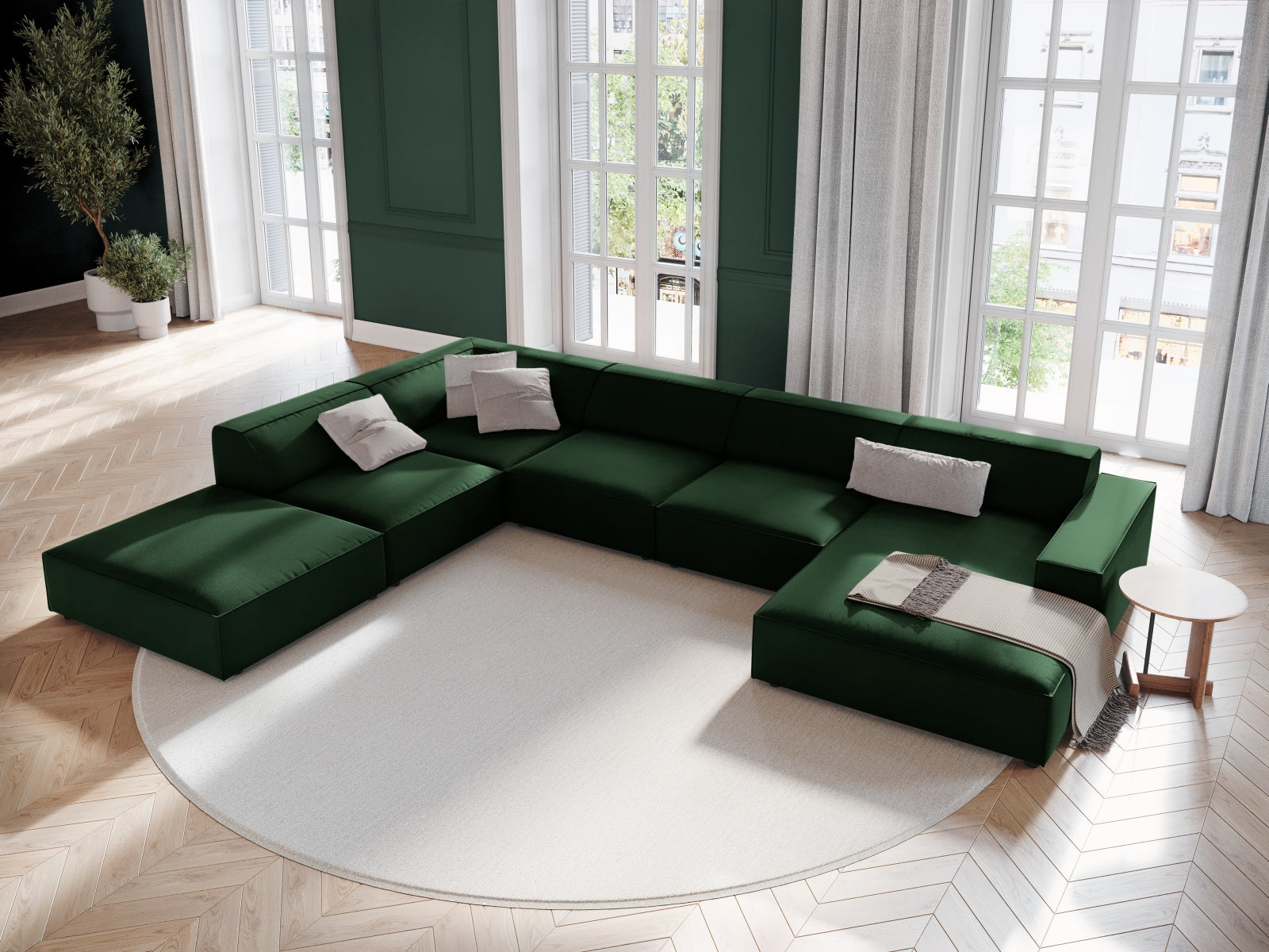 Jodie Velour modulares Panoramic Ecksofa links 7 Sitzer in Bottle Green präsentiert im Onlineshop von KAQTU Design AG. Ecksofa links ist von Micadoni