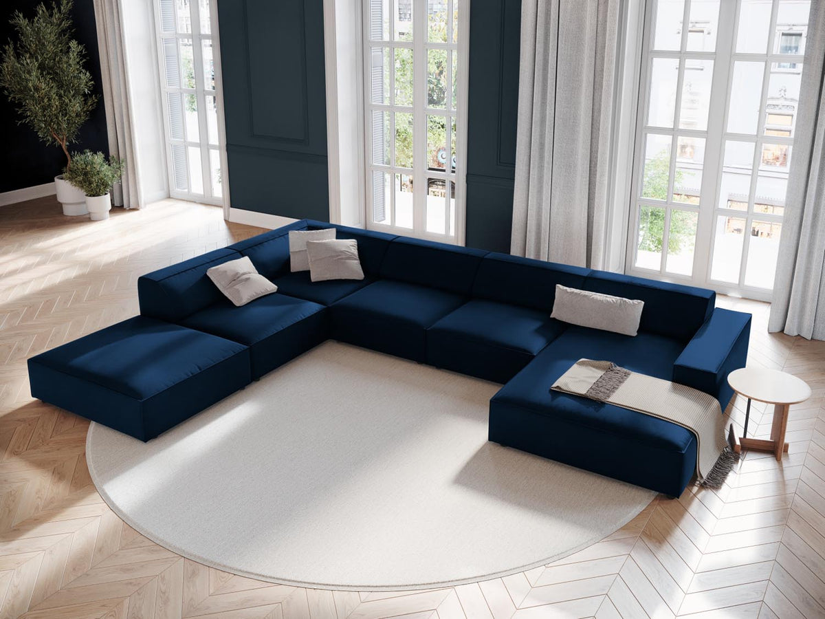 Jodie Velour modulares Panoramic Ecksofa links 7 Sitzer in Royal Blue-Bluvel präsentiert im Onlineshop von KAQTU Design AG. L-Sofa links ist von Micadoni