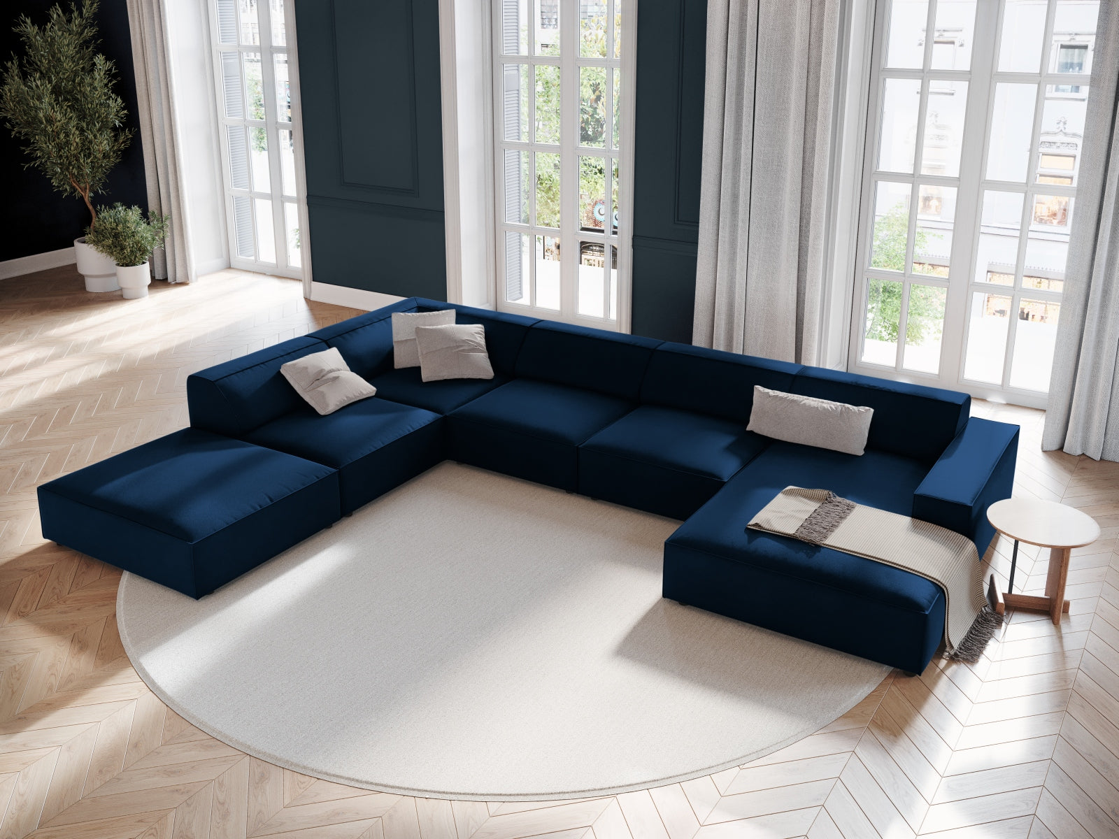 Jodie Velour modulares Panoramic Ecksofa links 7 Sitzer in Royal Blue präsentiert im Onlineshop von KAQTU Design AG. Ecksofa links ist von Micadoni