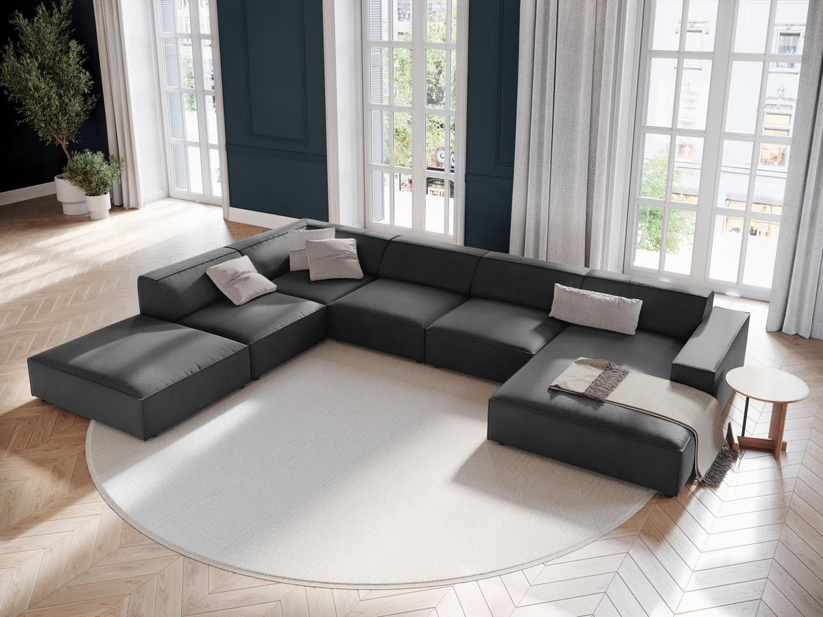 Jodie Velour modulares Panoramic Ecksofa links 7 Sitzer in Grey-Bluvel präsentiert im Onlineshop von KAQTU Design AG. L-Sofa links ist von Micadoni