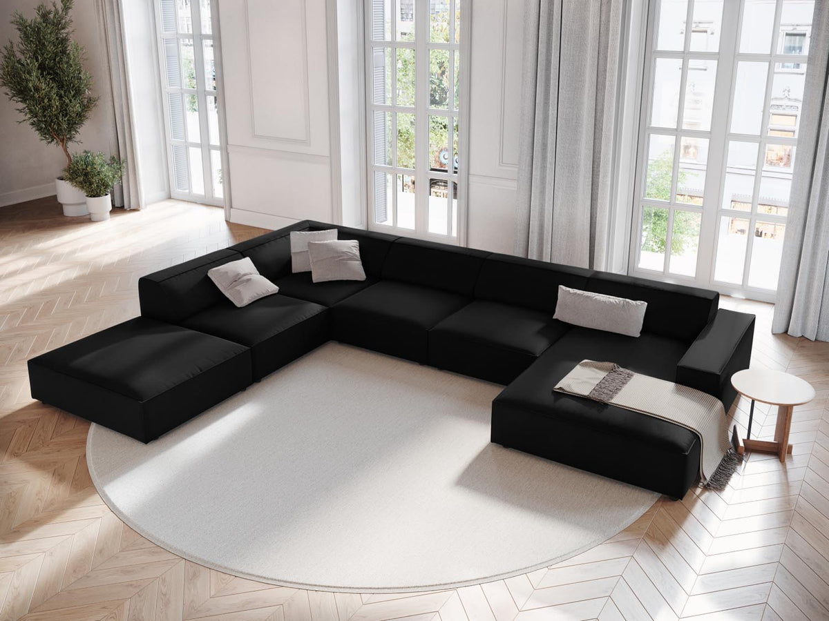 Jodie Velour modulares Panoramic Ecksofa links 7 Sitzer in Black-Bluvel präsentiert im Onlineshop von KAQTU Design AG. L-Sofa links ist von Micadoni