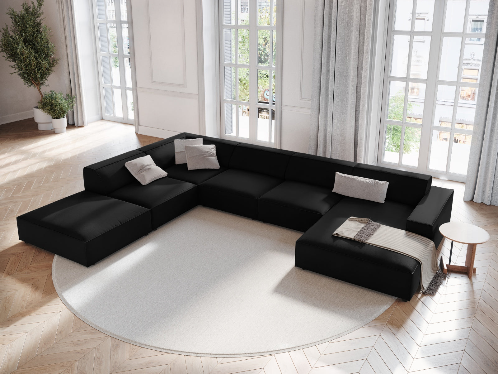 Jodie Velour modulares Panoramic Ecksofa links 7 Sitzer in Black präsentiert im Onlineshop von KAQTU Design AG. Ecksofa links ist von Micadoni