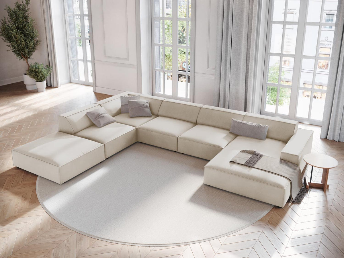 Jodie Velour modulares Panoramic Ecksofa links 7 Sitzer in Dark Beige-Bluvel präsentiert im Onlineshop von KAQTU Design AG. L-Sofa links ist von Micadoni