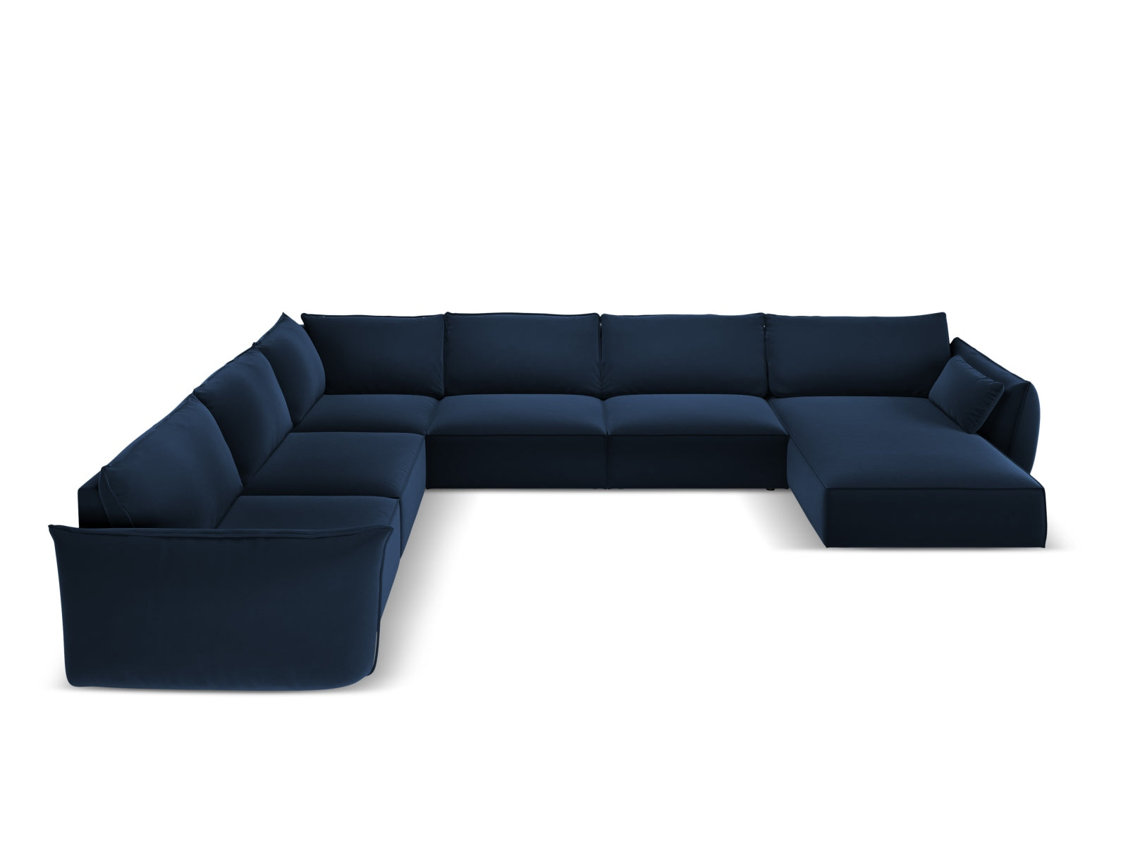 Elegantes Kaelle Velour Panoramic Ecksofa links für 8 Personen in Royal Blue, ideal für stilvolle Wohnräume und gemütliche Abende.