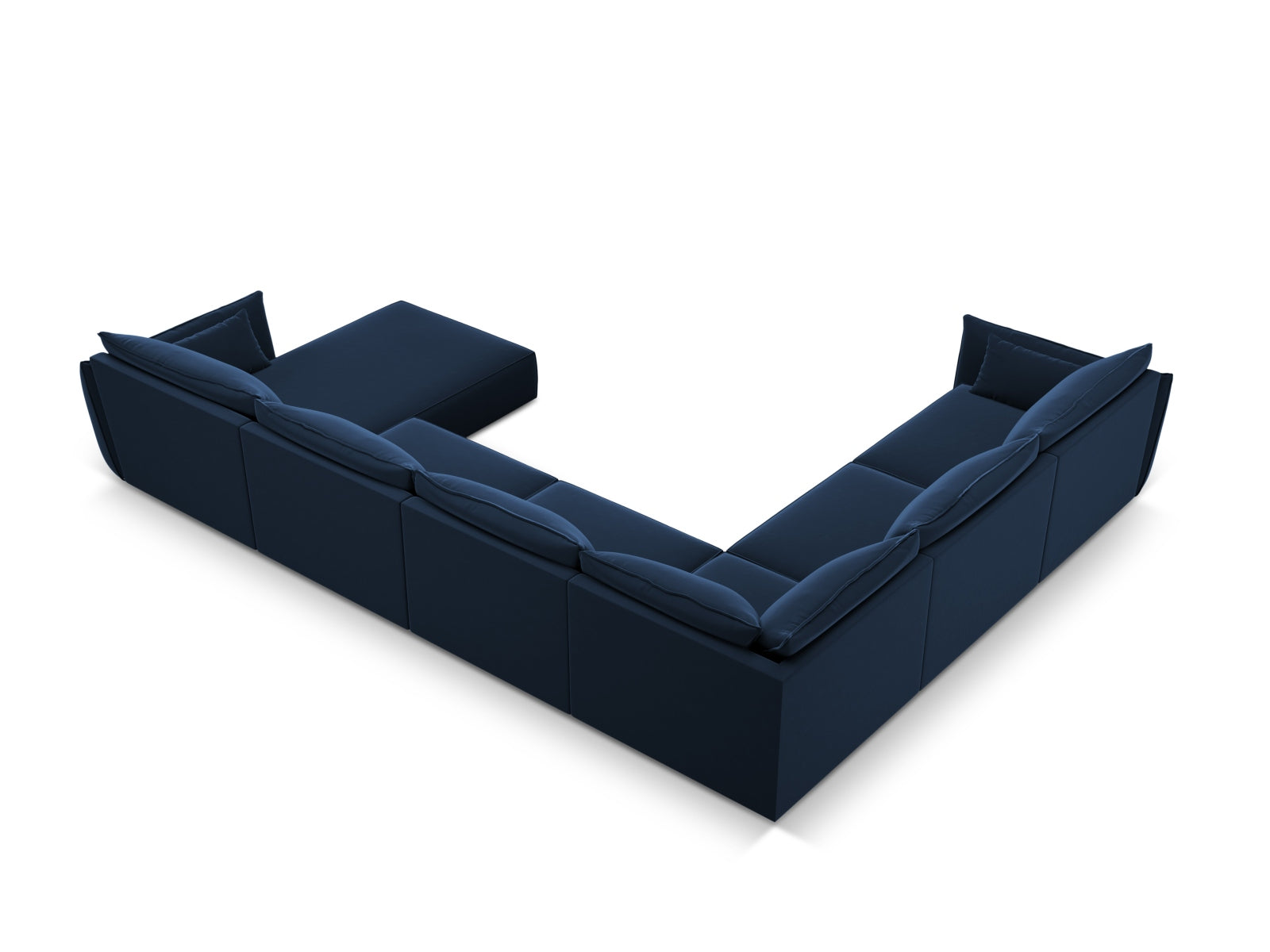 Luxuriöses Kaelle Velour Panoramic Ecksofa links für 8 Personen in Royal Blue, perfekt für gesellige Runden und modernes Wohndesign.