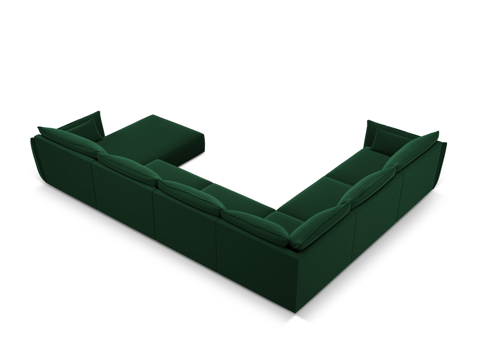 Luxuriöses Kaelle Velour Panoramic Ecksofa links in tiefem Flaschengrün, perfekt für moderne Wohnzimmer und gesellige Zusammenkünfte.
