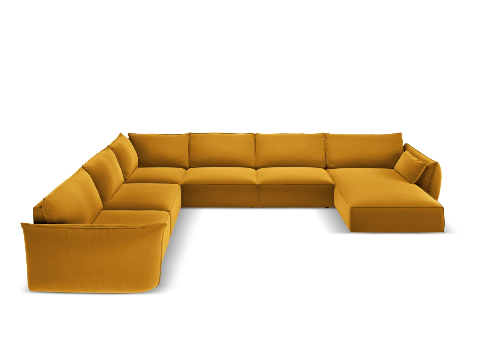 Elegantes Kaelle Velour Panoramic Ecksofa links für 8 Personen in stilvollem Gelb-Blau, ideal für moderne Wohnräume.
