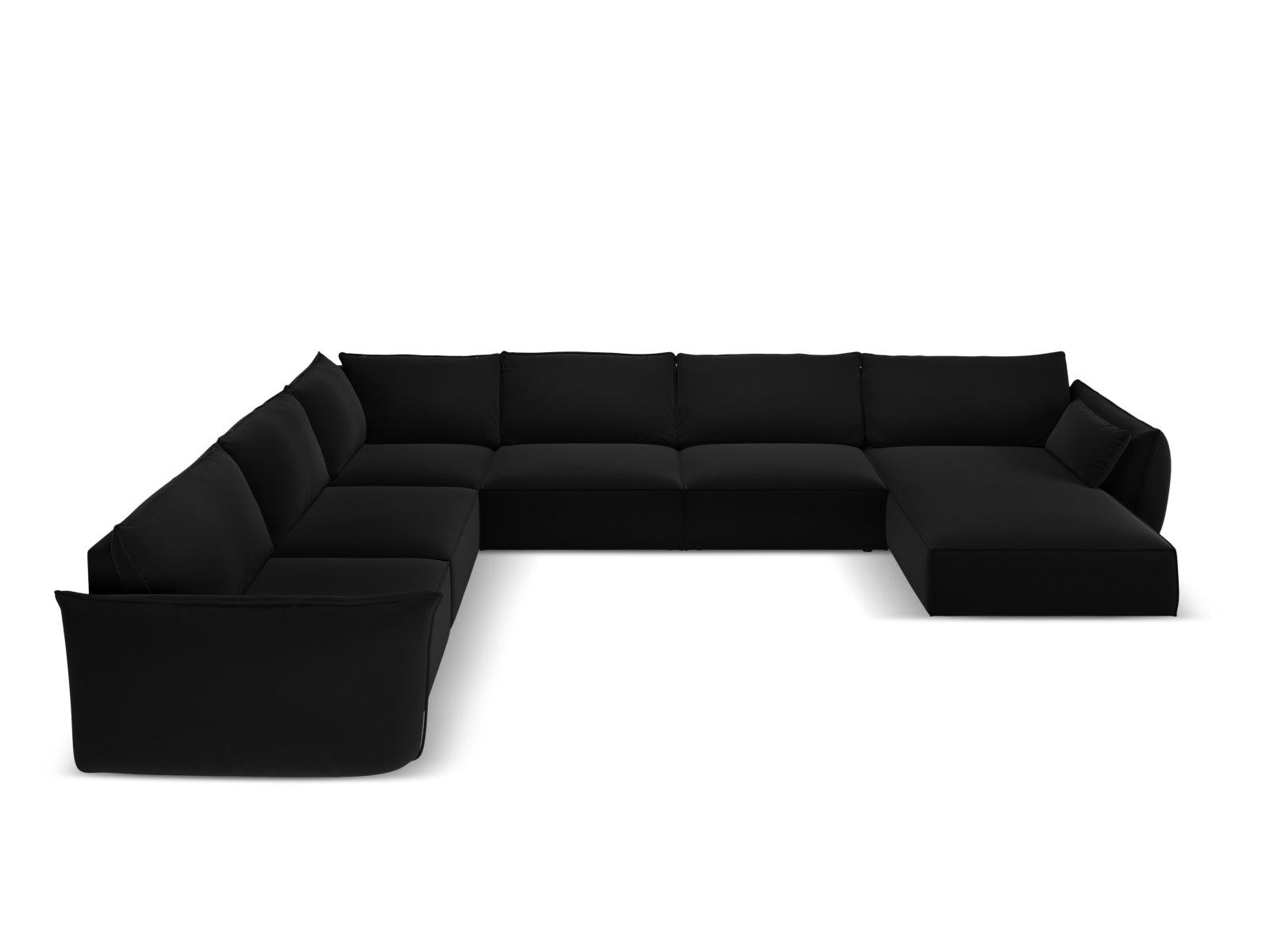 Elegantes Kaelle Velour Panoramic Ecksofa links für 8 Personen in stilvollem Black-Bluvel, ideal für moderne Wohnräume.