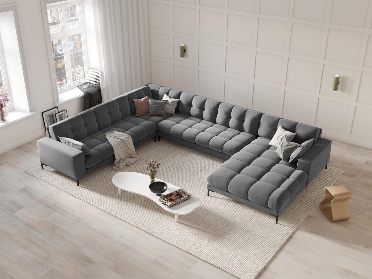 Elegantes Mamaia Velour Panoramic Ecksofa links in sanften Grautönen, ideal für stilvolle Wohnräume und gemütliche Abende.