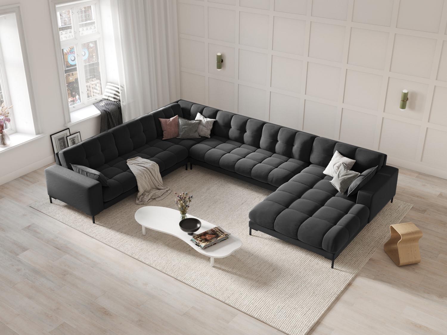 Elegantes Mamaia Velour Panoramic Ecksofa links in Dunkelgrau, ideal für stilvolle Wohnräume. Komfortables 7-Sitzer-Design von Micadoni.