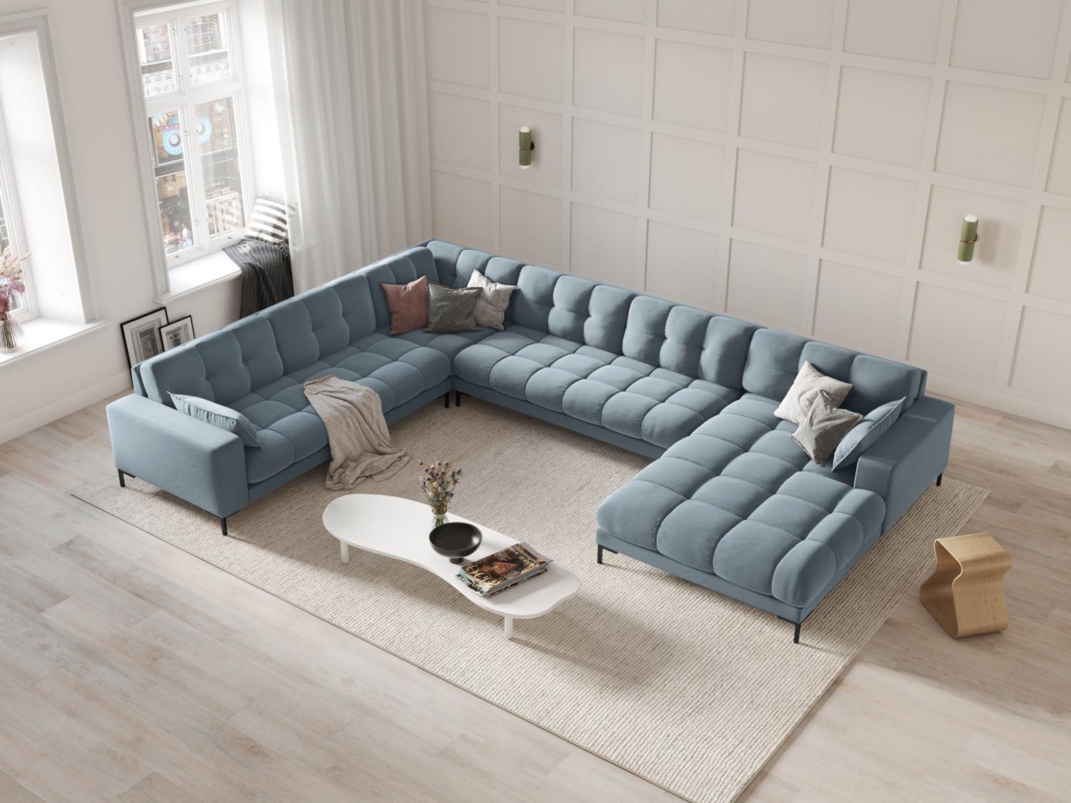 Elegantes Mamaia Velour Panoramic Ecksofa links in sanftem Hellblau und Schwarz, ideal für stilvolle Wohnräume.
