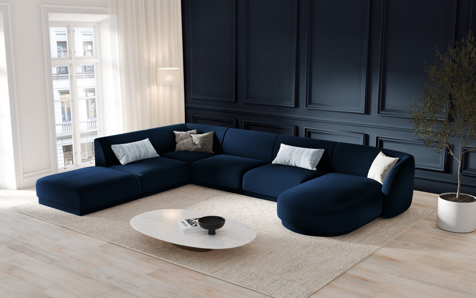 Elegantes Miley Velour Panoramic Ecksofa links in Royal Blue, ideal für stilvolle Wohnräume und gemütliche Abende.