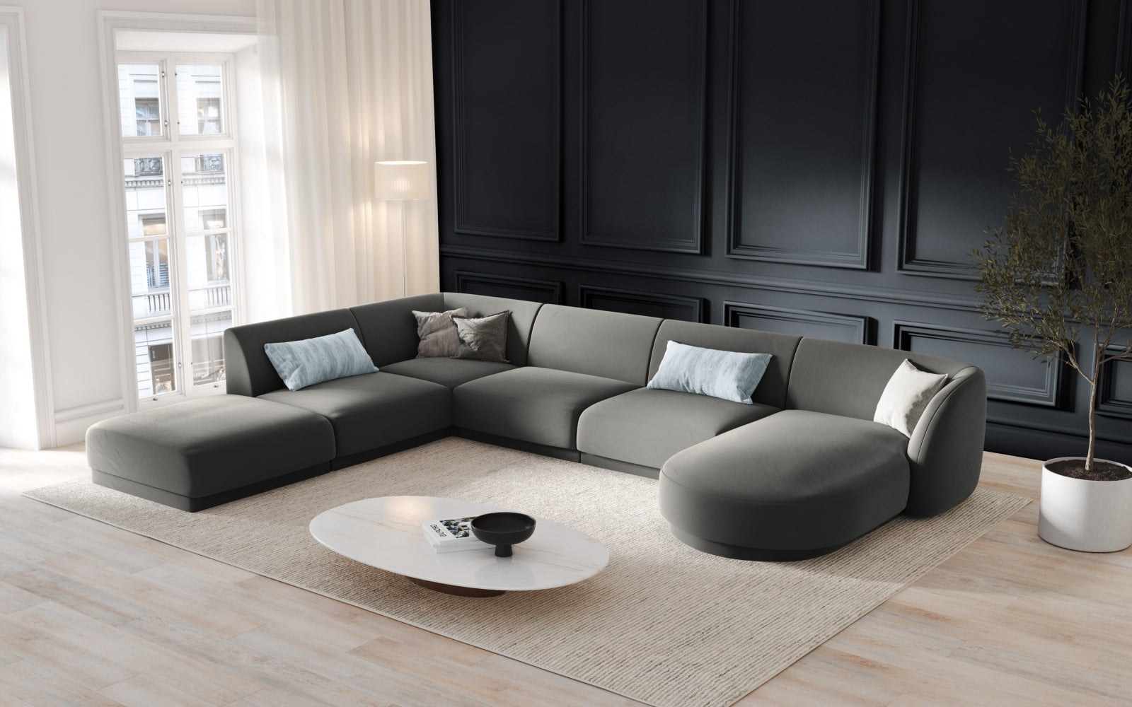 Elegantes Miley Velour Panoramic Ecksofa links in sanftem Light Grey-Bluvel, ideal für stilvolle Wohnräume und gesellige Abende.