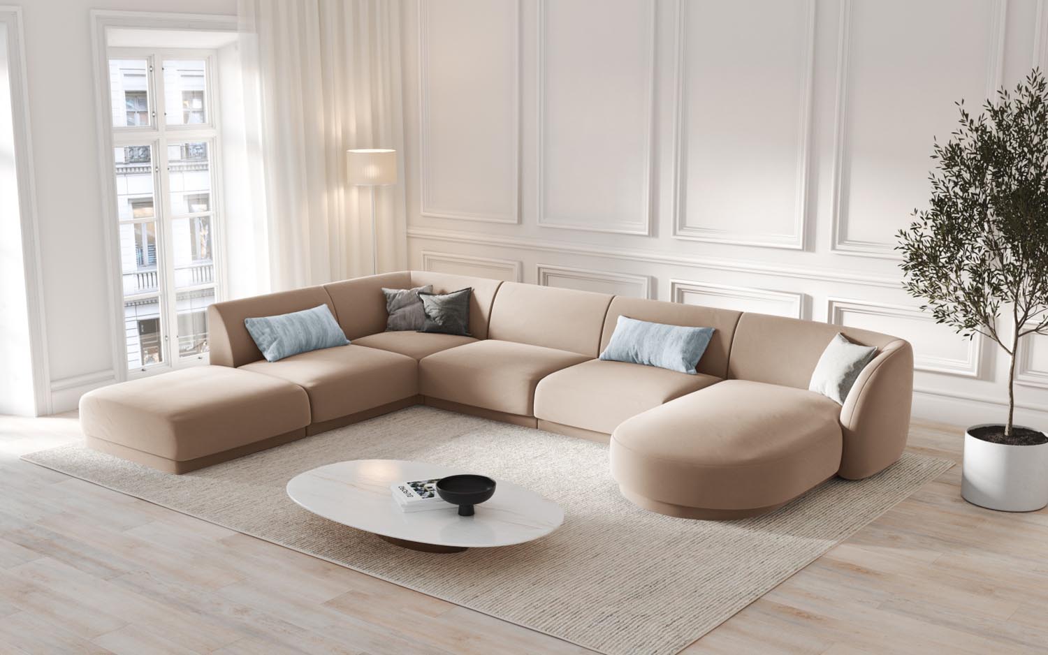 Elegantes Miley Velour Panoramic Ecksofa links für 6 Personen in stilvollem Cappuccino-Bluvel, ideal für moderne Wohnräume.