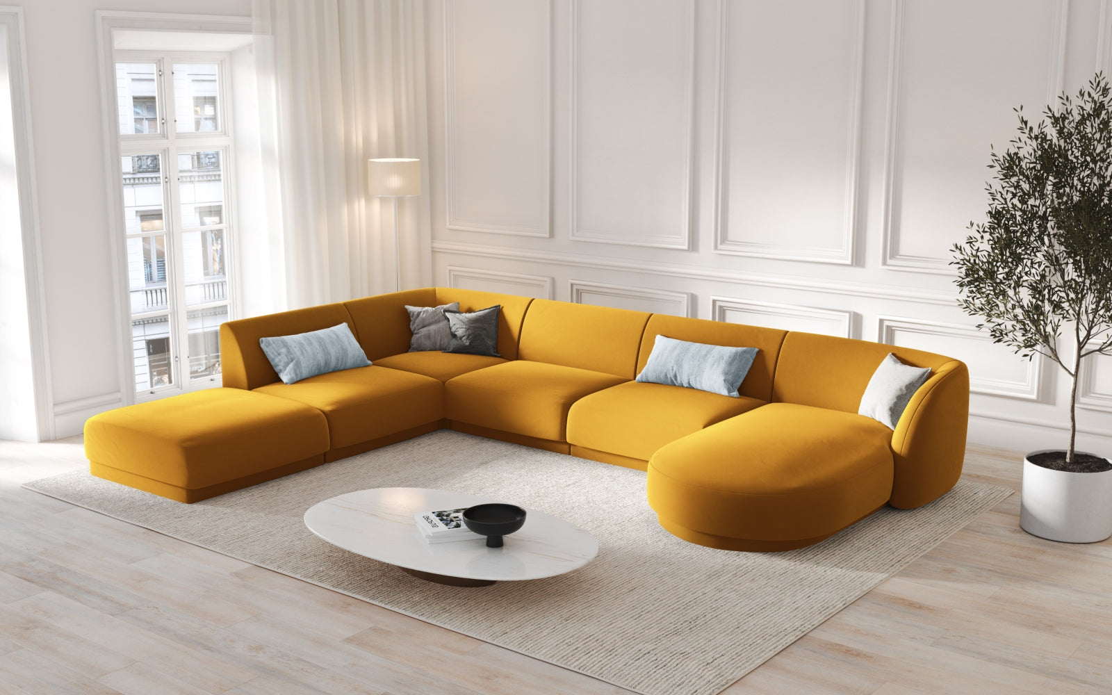 Miley Velour Panoramic Ecksofa links 6 Sitzer in Yellow präsentiert im Onlineshop von KAQTU Design AG. Ecksofa links ist von Micadoni